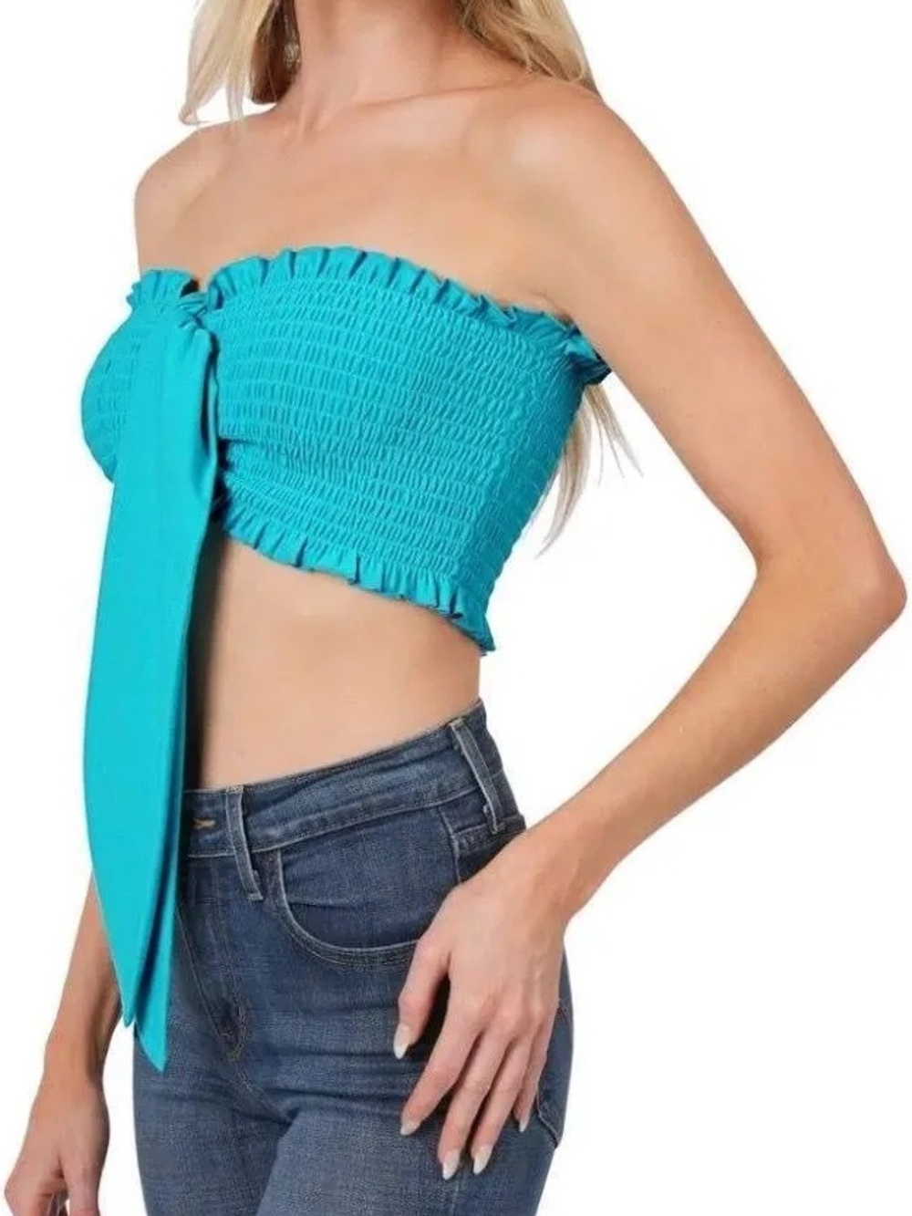 Zenana Smocked Strapless Tie-Front Crop Top - Turquoise